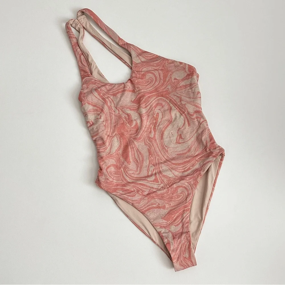 L*Space Blush Tan Shimmer Swirl One Shoulder Cutout One Piece Swimsuit Sz M